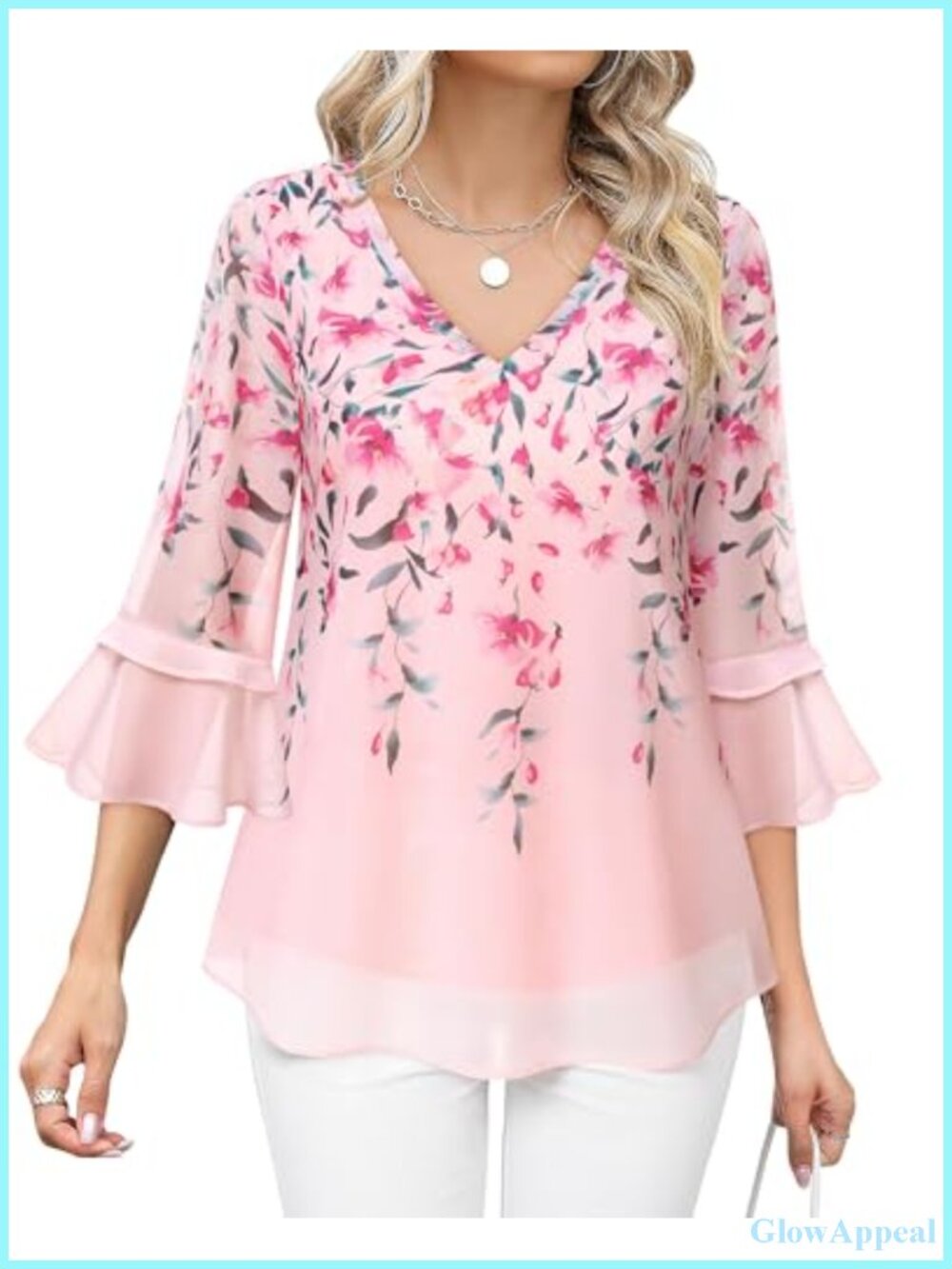 Womens Ruffle Sleeve V-Neck Floral Chiffon Blouse Tunic